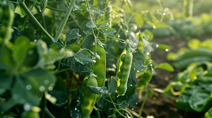 Detailed shot of green pea pods on flourishing pea plants, with some pods partially opened to reveal ripe peas inside. The garden setting includes a mix of foliage and earth tones, with morning dew