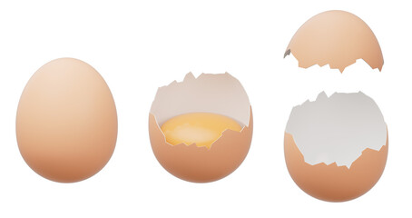 A whole egg and cracked eggs, 3d rendering.
