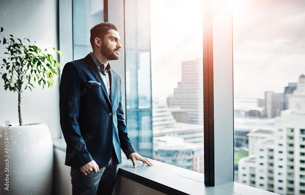 Poster office, thinking and businessman at window with vision, insight or decision for property developer i