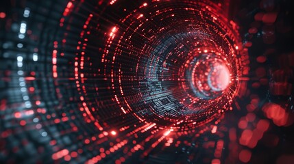 Obraz premium Economic downturn as a digital vortex, tech noir, red and black, 3D render, impactful, data being pulled into a dark vortex