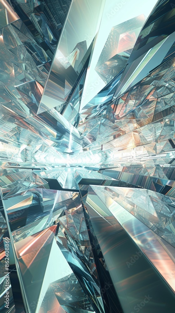 Aufkleber a chaotic arrangement of distorted prisms reflecting light in unpredictable ways.