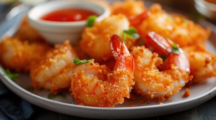 Close-up of crispy fried shrimp with dipping sauce on a white plate, garnished with fresh herbs, perfect for seafood cuisine presentations.