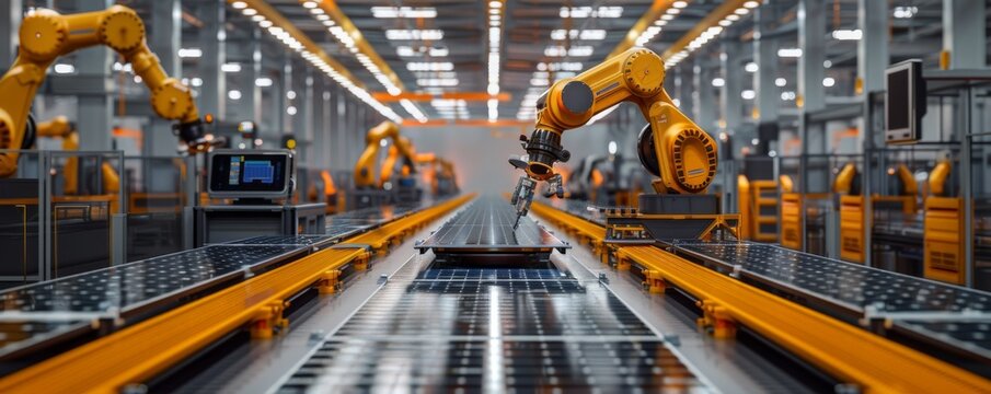 Modern robotic arms in an advanced automated manufacturing factory