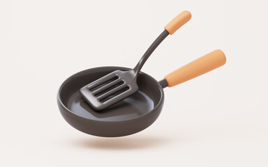 Cartoon style kitchen ware pan and spatula, 3d rendering.