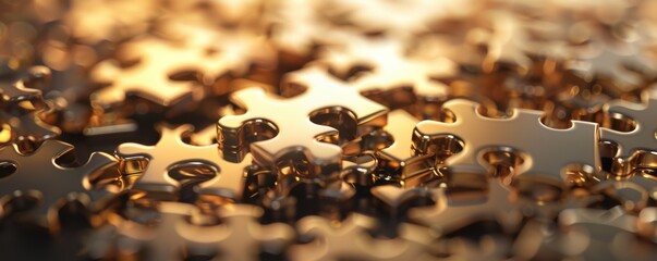 Close-up of gold puzzle pieces creatively arranged in soft lighting, symbolizing complexity, challenge, and problem-solving.