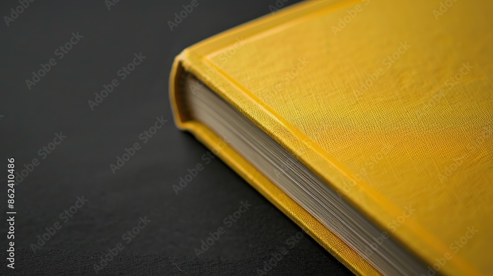 Poster yellow book with close up binding on matte black background with copy space on the left side