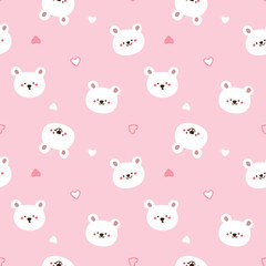 Obraz premium Seamless Pattern with Cartoon Bear Face and Heart Design on Pink Background