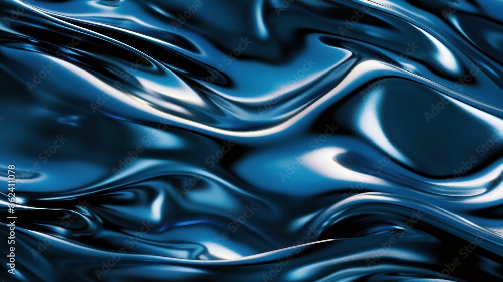 Poster a close-up of glossy blue metallic textures with flowing patterns, creating a futuristic and sleek a
