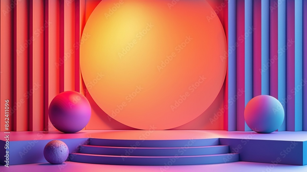 Poster a vibrant abstract scene with colorful geometric shapes, spheres, and gradients creating a modern, v