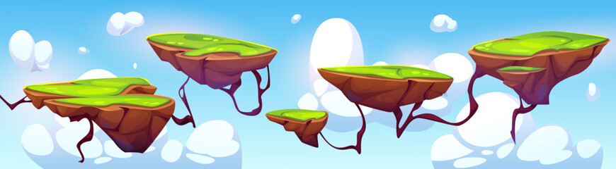 Flying platforms for arcade game design. Vector cartoon illustration of fantasy islands with green lawn floating in blue sky with heavenly white clouds, pieces of land for travel gaming, adventure map