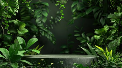 Product podium in a lush garden setting with vibrant green plants