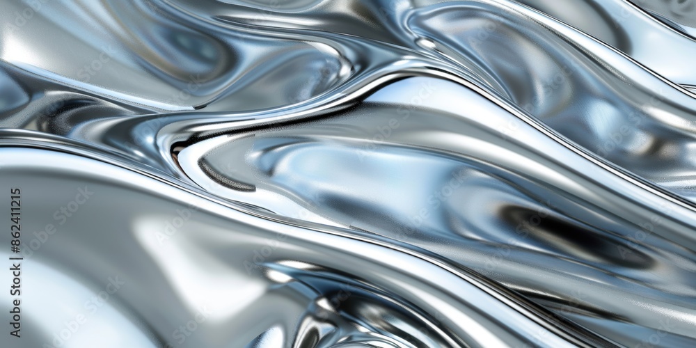 Poster a fluid, silver metallic texture with smooth, reflective surfaces creating a sleek and modern visual