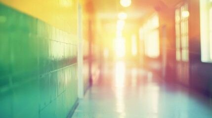 A bright, sunlit corridor with a blurred perspective, creating a warm and inviting atmosphere.