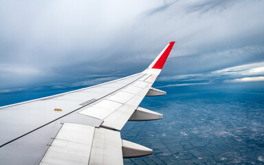 The view from the window of the airplane above the city.