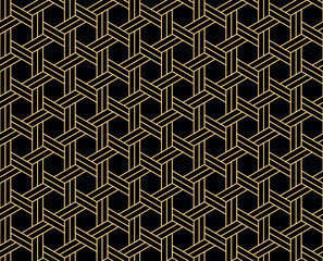 The geometric pattern with lines. Seamless vector background. Golden and black texture. Graphic modern pattern. Simple lattice graphic design