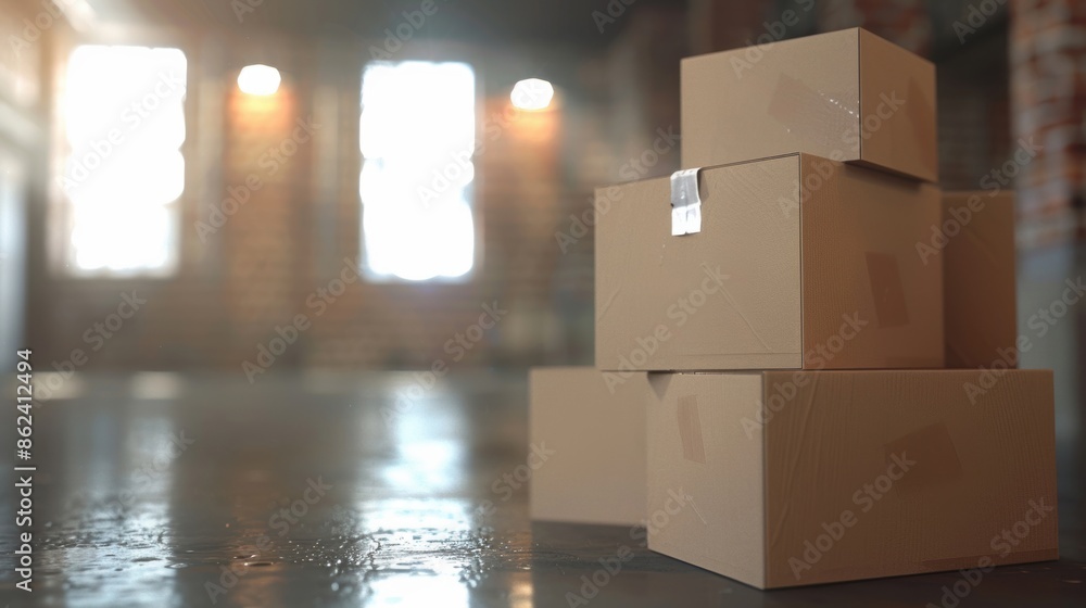 Poster a stack of cardboard boxes in a warehouse setting, with light filtering through the windows.