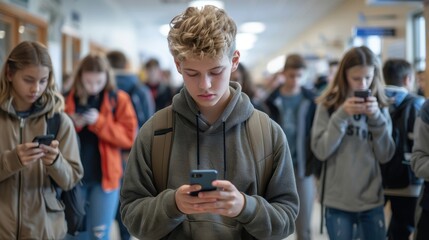 Teenagers walking in a school hallway, all engrossed in their smartphones, highlighting the impact of technology on youth.