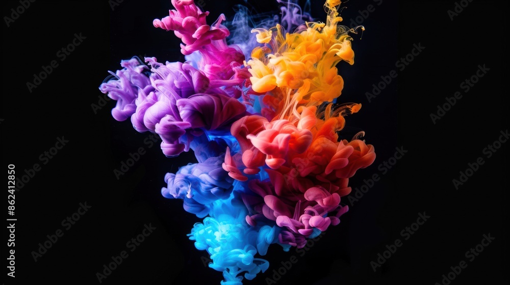 Poster a mesmerizing display of colorful ink swirling and blending underwater, creating vibrant and fluid p