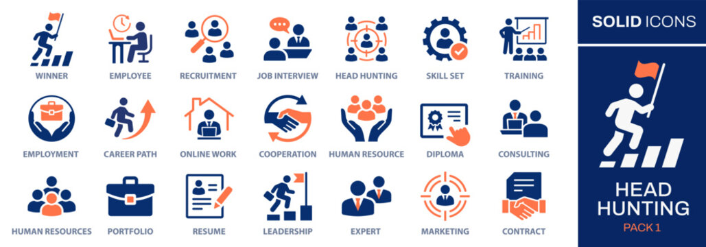 Head Hunting icon set. Collection of career path, recruitment, leadership, human resources and more. Vector illustration. Easily changes to any color.