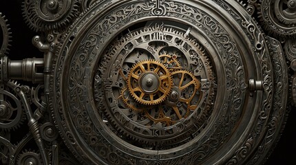 Intricate Steampunk Gear Mechanism with Detailed Metalwork and Golden Cogs