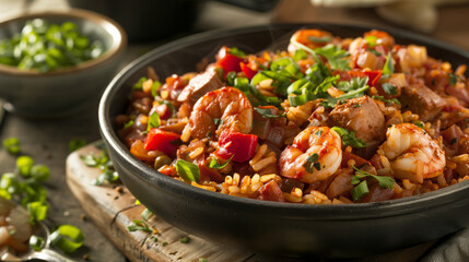 Jambalaya topped with shrimps, chicken, white rice, tomatoes, celery
