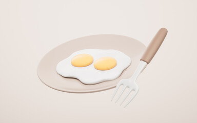 Cartoon style fried egg in the plate, 3d rendering.