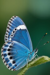Obraz premium Closeup of a blue morpho butterfly with wings spread wide, perched on a green leaf in a natural setting. Macro photography of a beautiful, vibrant butterfly in nature.