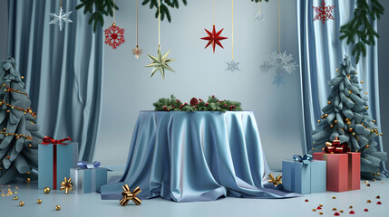 A collection of festive holiday scenes featuring elegant blue and red drapes, Christmas decorations, and gift boxes, creating a sophisticated and celebratory atmosphere