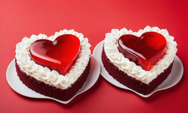 Two heart-shaped red velvet cakes decorated with whipped cream and red jelly topping