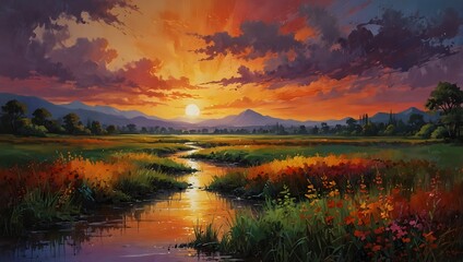 The vibrant hues of a sunset-drenched landscape in your brushstrokes ai_generated
