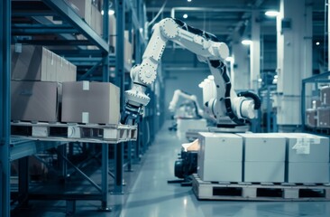 Robotic arm in warehouse moving boxes on pallets for automation and logistics