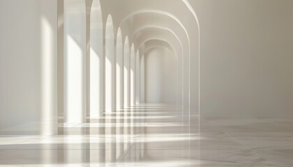 Obraz premium Minimalist corridor with white arches and soft natural light casting long shadows, creating a serene and elegant architectural space.