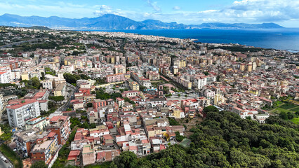 Aerial view of the metropolitan city of Naples. In the foreground the cities of Herculaneum and...