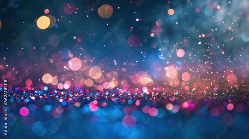 Poster a captivating scene of colorful bokeh lights and sparkles, creating a festive and vibrant background