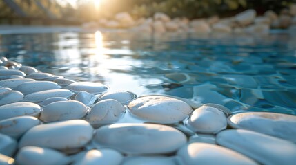 Obraz premium Smooth white stones lie next to a tranquil pool, reflecting sunlight and creating a peaceful and serene atmosphere in a natural setting.