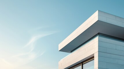 Modern architectural building with minimalist design and clear blue sky background. Ideal for business, real estate, or architectural use.
