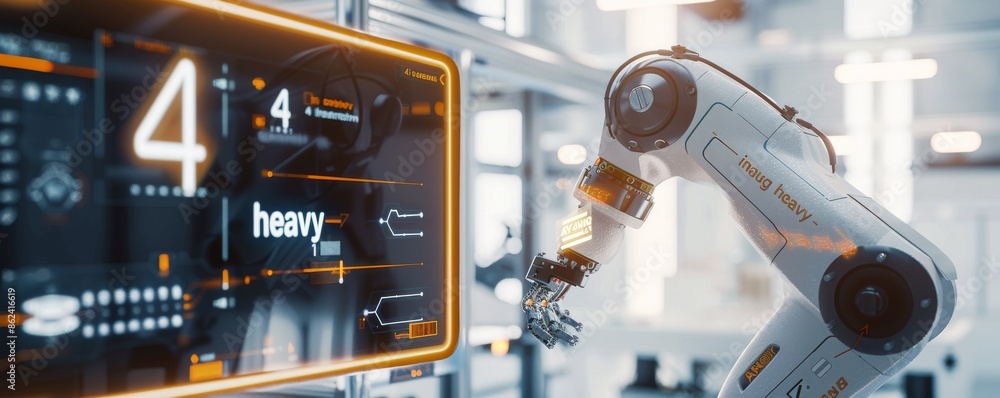 Poster robotic arm working in an advanced industrial setting with digital interface
