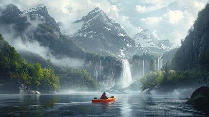 Fototapeta premium Kayaking Through a Misty Mountain Valley