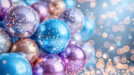 Close-up of glittering party balloons in blue and purple, with bokeh lights in the background, creating a festive and celebratory atmosphere.
