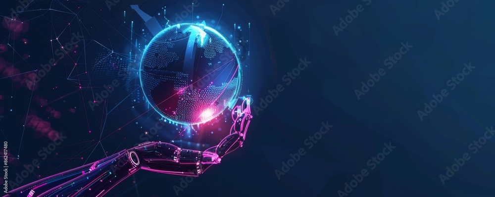Poster robotic hand holding a digital globe symbolizing artificial intelligence and global technology