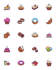 Dessert line icon. Set of line icons on white background. Cake piece, chocolate bun, cookie. Bakery concept. Vector can be used for topics like food, unhealthy eating, confectionary