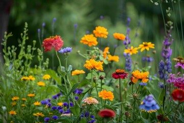 Fototapeta premium A vibrant nature scene featuring colorful flowers in primary hues