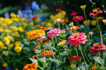 Obraz premium A vibrant nature scene featuring colorful flowers in primary hues