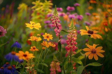 A vibrant nature scene featuring colorful flowers in primary hues