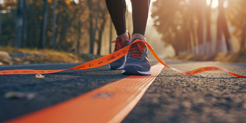 Runner's Feet at Finish Line on Sunny Day, Achieving Victory in Outdoor Marathon