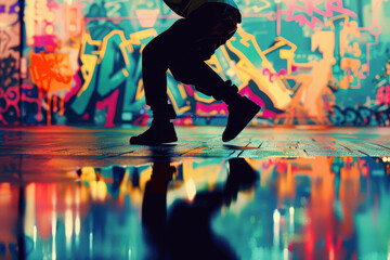 Break dancing move, urban street, close up, focus on, copy space, vibrant colors, Double exposure silhouette with graffiti