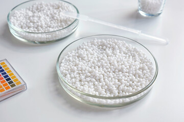 Close-up of a laboratory Petri dish with white granules against the background of chemical tools. Concept: research, biochemistry, pharmaceutical and science.