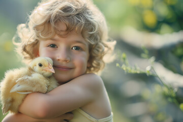 Happy Child Hugging a Fluffy Chick in a Sunny Garden Setting