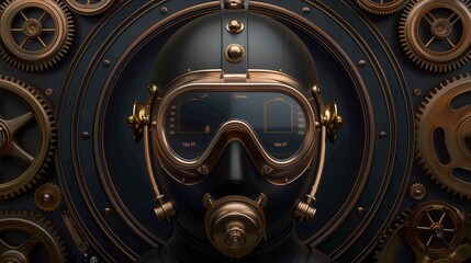 Obraz premium Steampunk-themed futuristic diver helmet surrounded by intricate gears, showcasing a blend of retro and modern design elements.