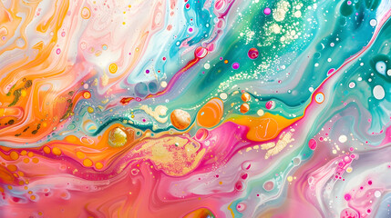 Naklejka premium Bright color splash. Shimmer ink. Fluid art. Mixed bright pink green orange blue oil droplets rotating on water surface with shimmer